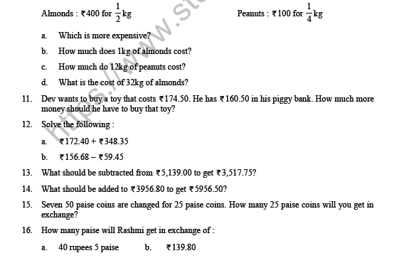 CBSE Class 4 Maths Money Question Bank